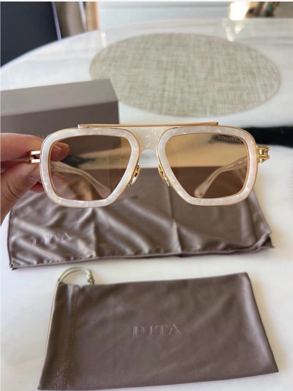 DITA Pearlized Beige Square Sunglasses with Gold Accents